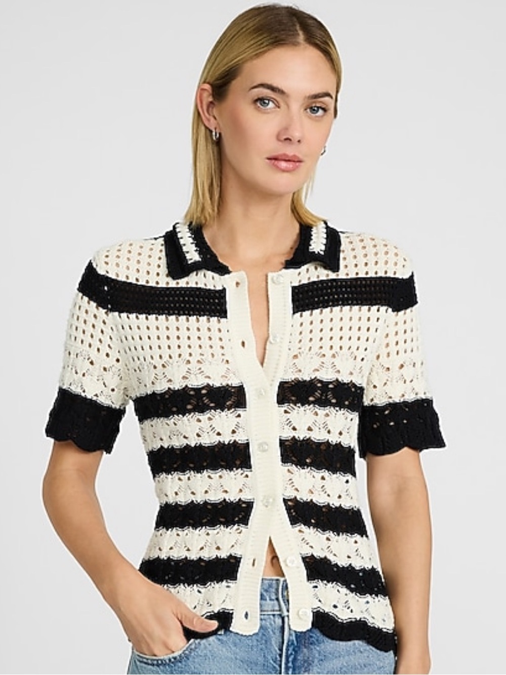 Express Cream & Black Open-Stitch Striped Polo Cardigan